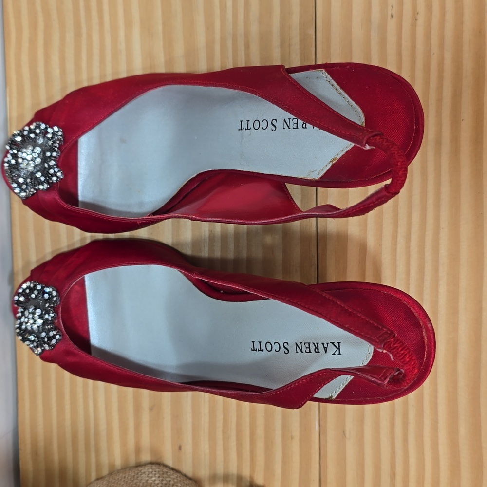 Womens Red Slingback Peep Toe Bling Heels Sz 6m - Picture 4 of 9